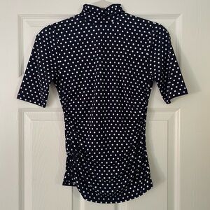Michael Kors Ruched navy blue polkadot mock neck blouse top